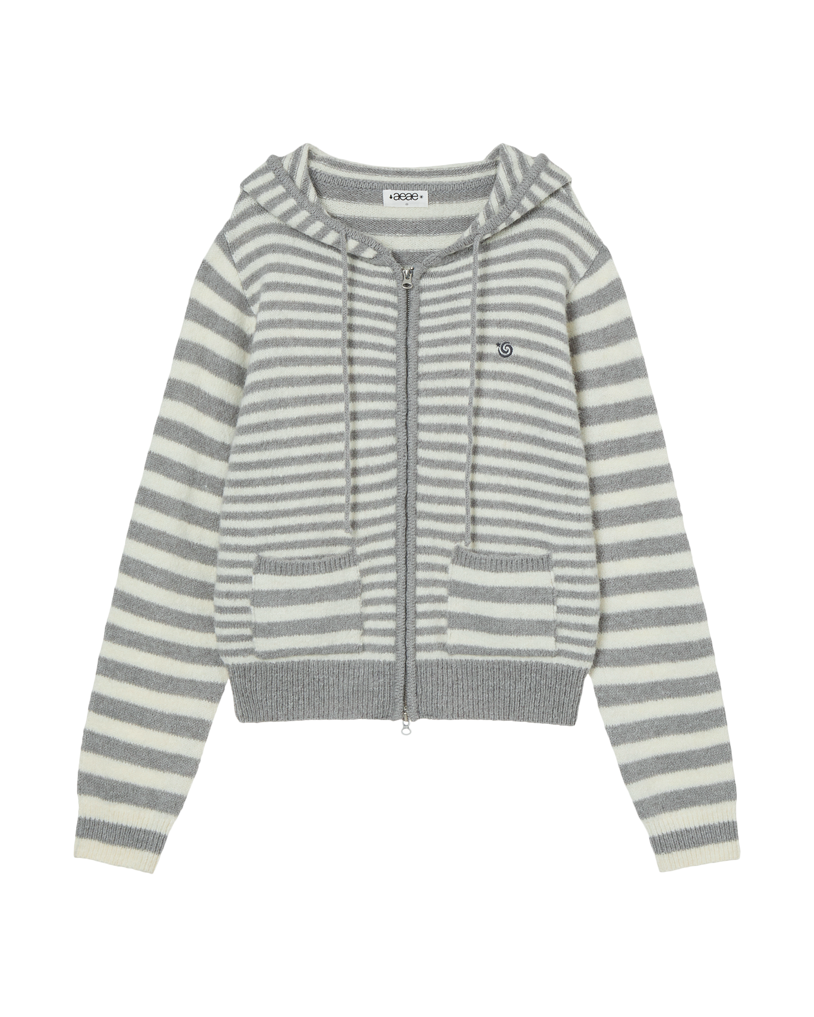 STRIPE HOOD KNIT ZIP UP LIGHT GREY