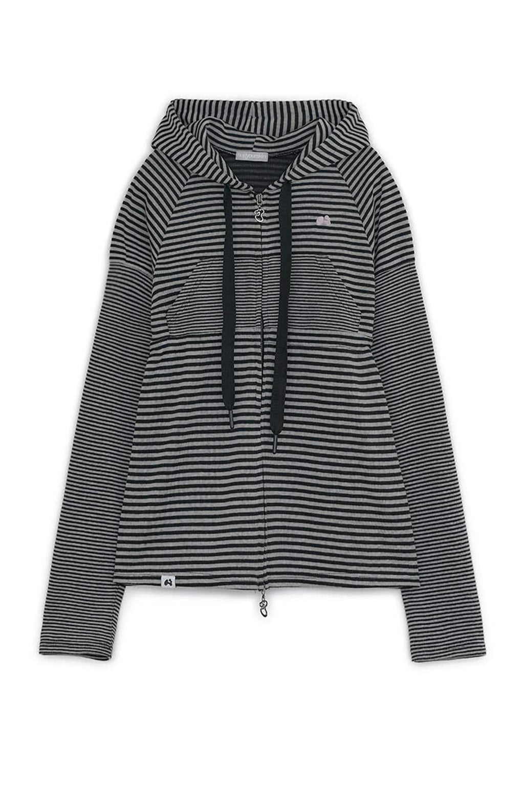 Stripe babydoll hoodie zip-up (White Black)
