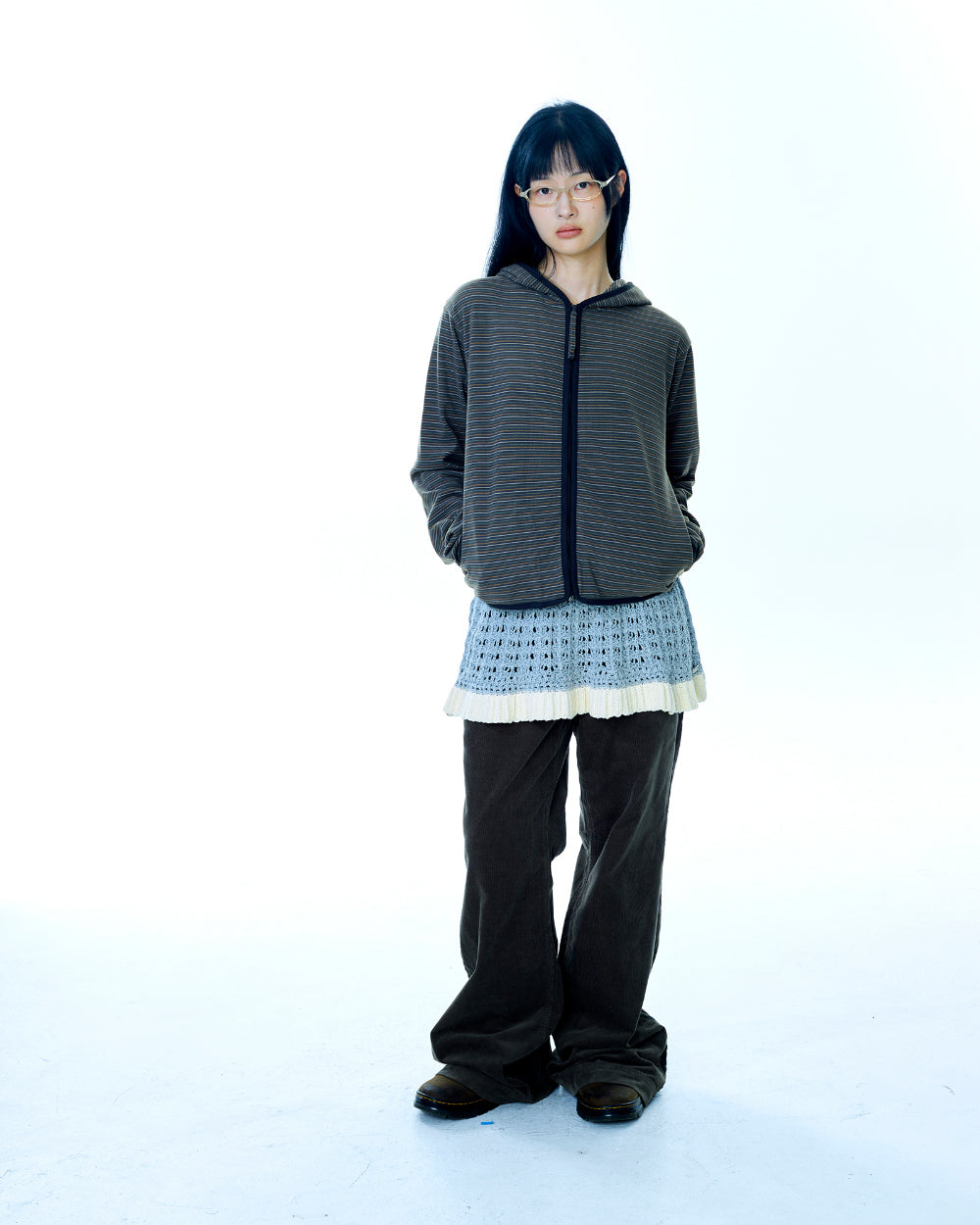 STRIPE FLEECE HOOD ZIP-UP CHARCOAL