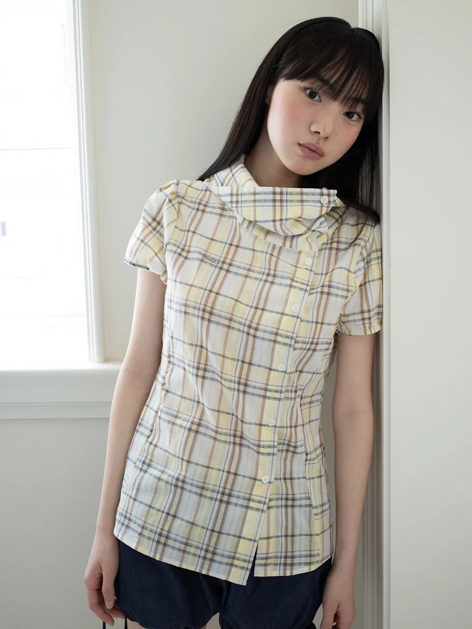DRAPE COLLAR BLOUSE (YELLOW CHECK)