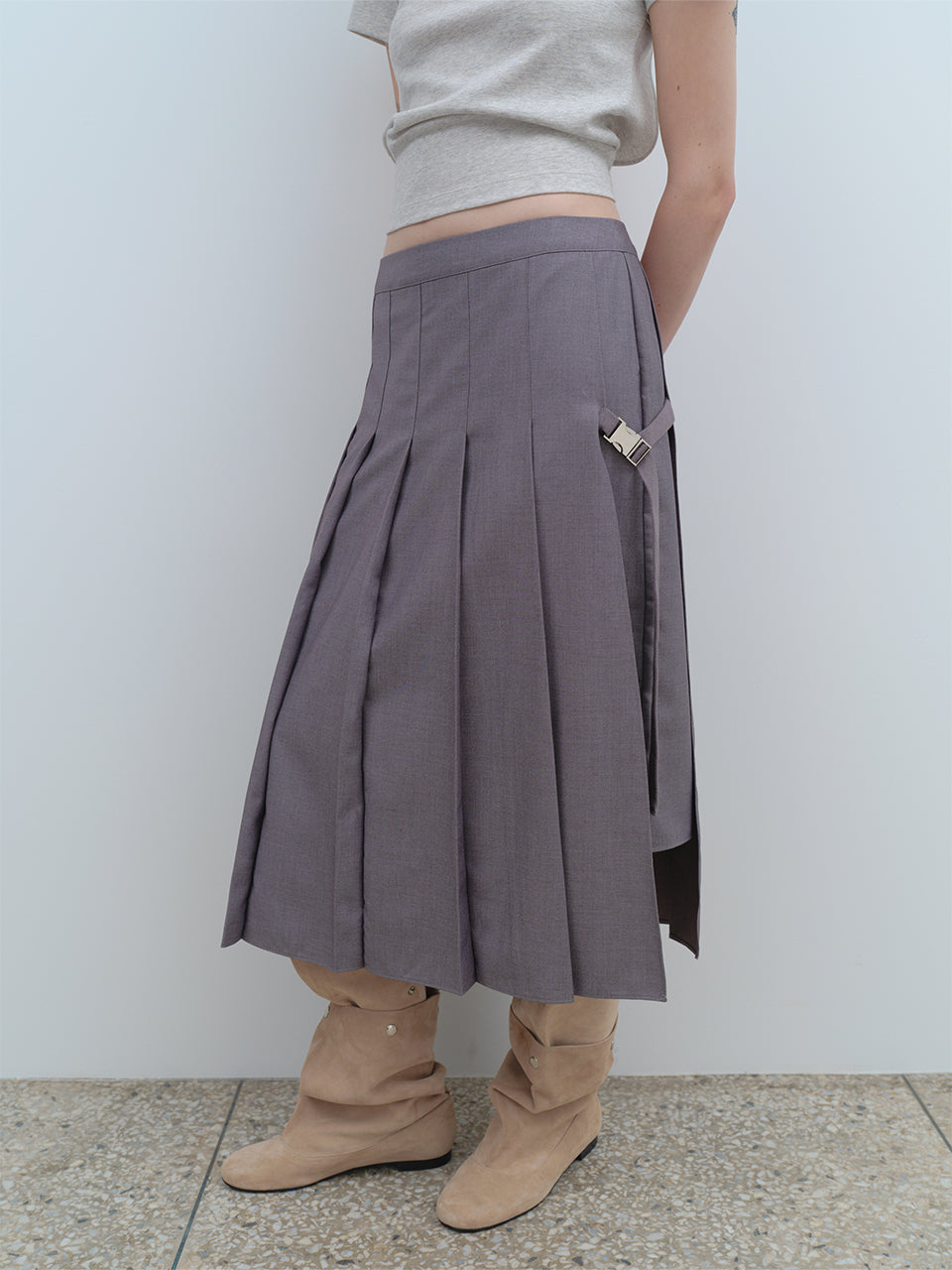 Zipper Layer Pleats Skirt Gray