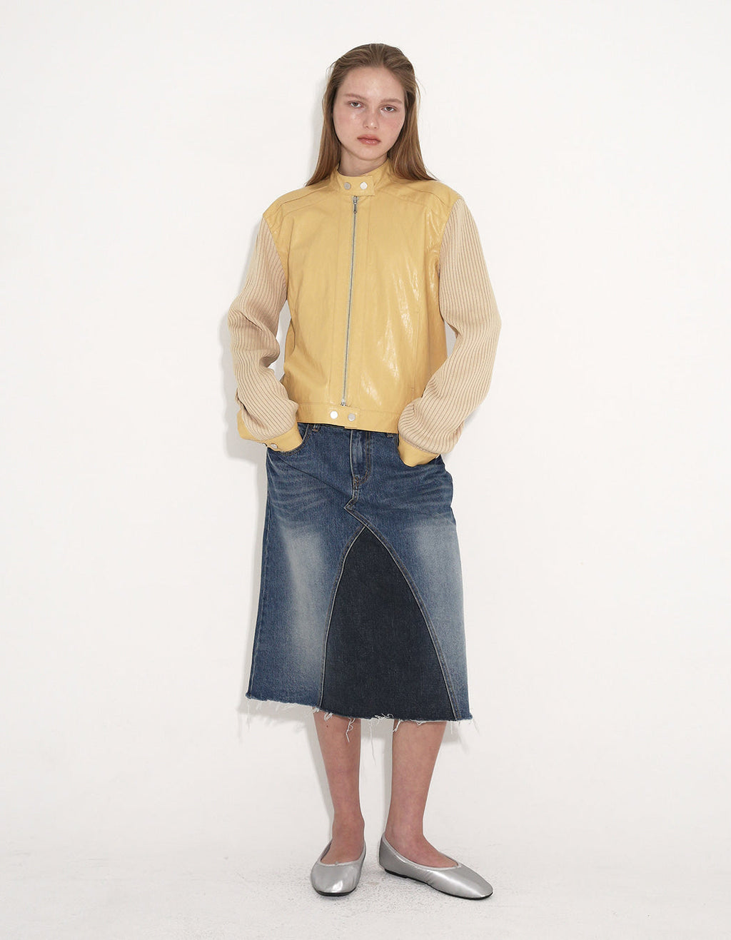 RIBBED PANEL BIKER JACKET / 3 COLOR