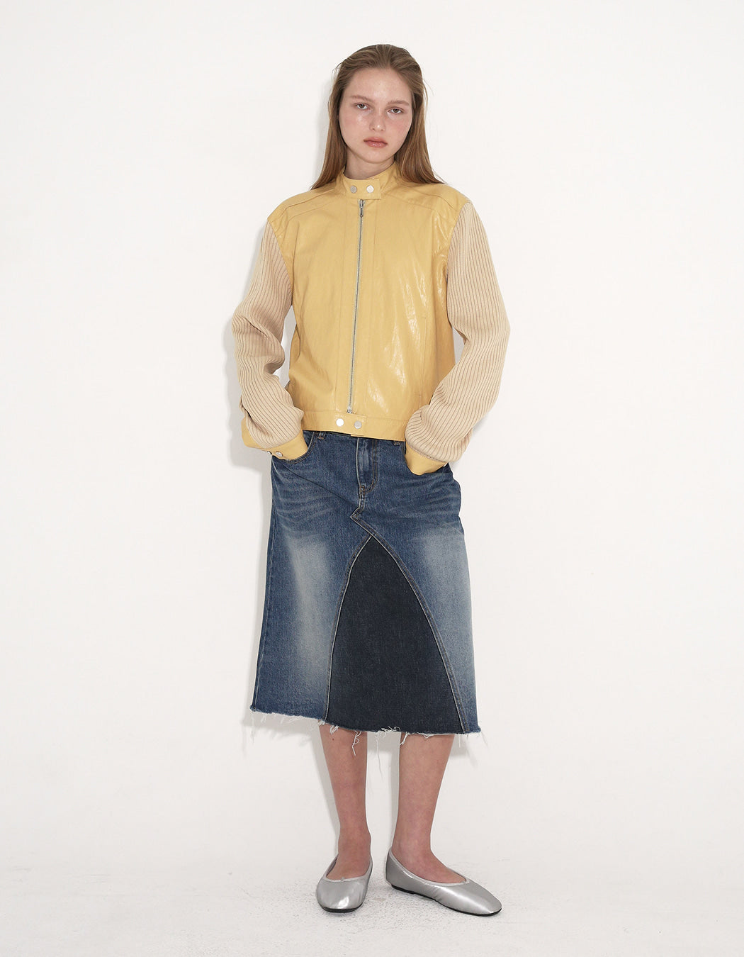 RIBBED PANEL BIKER JACKET / 3 COLOR