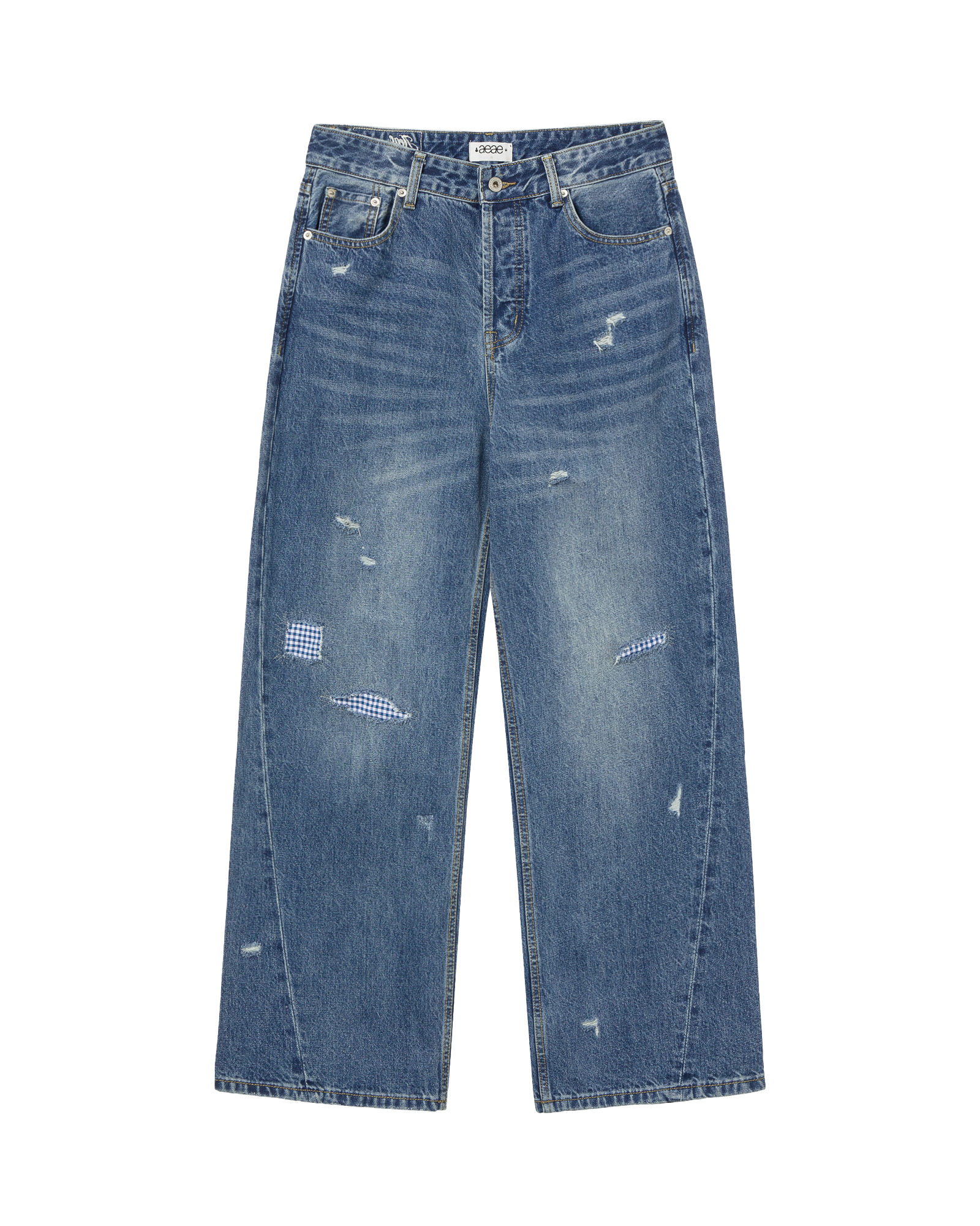 CHECK PATCHWORK DENIM PANTS MID BLUE
