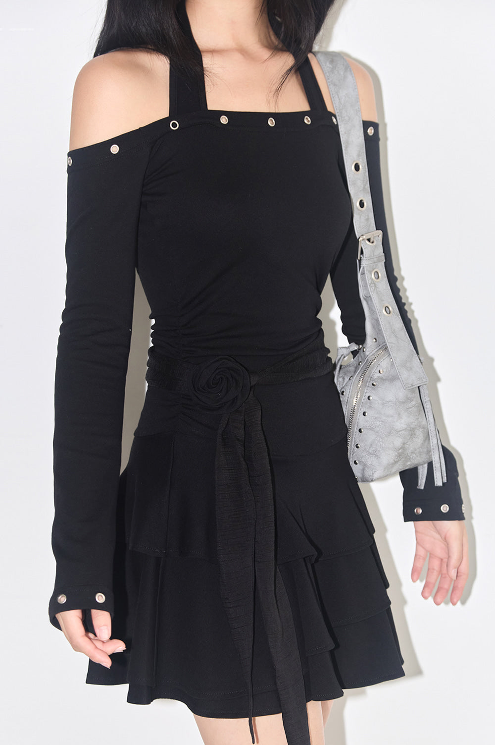 Flare eyelet off-shoulder dress Black