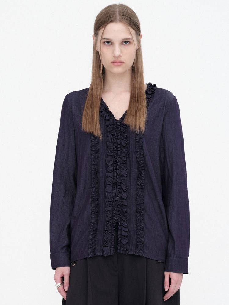 Lace Trimming Blouse Indigo