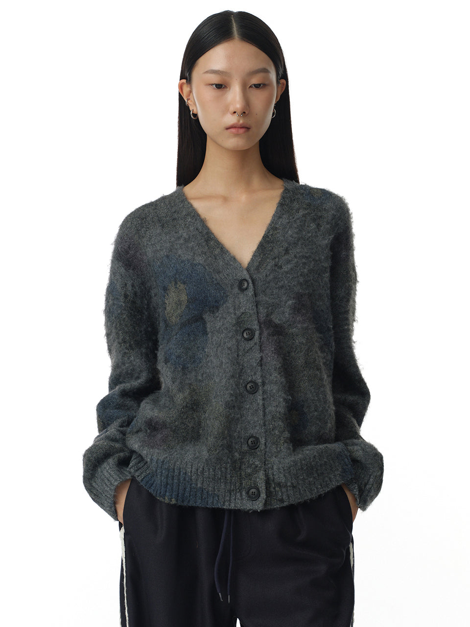 Printed Loose Cardigan Gray