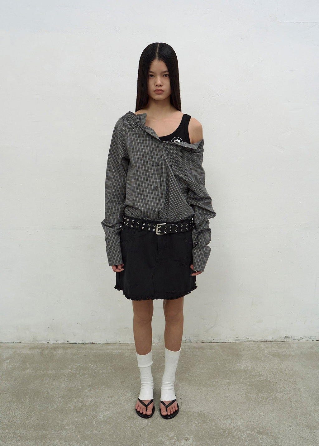 DOUBLE WAISTED DENIM MINI SKIRT (BLACK)