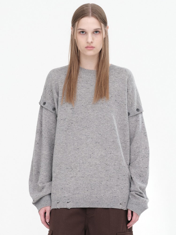 Button Damage Knit Top Melange Gray