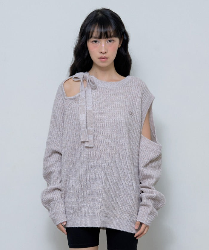 RIBBON ONE-SHOULDER KNIT (BEIGE)