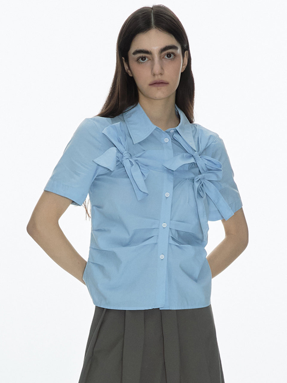 Ribbon Tie Short Sleeve Shirts Sky Blue