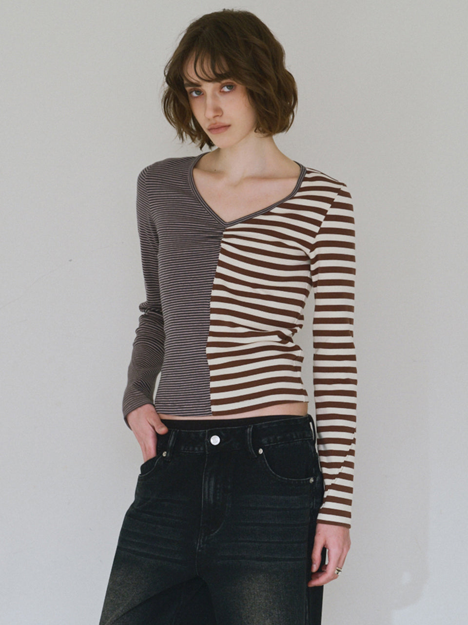 Mixed Pattern T-shirts Stripe Brown