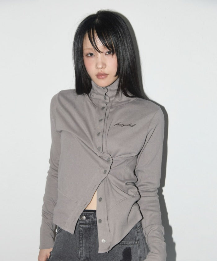 ROUGH HIGH-NECK CARDIGAN (GRAYISH BROWN)
