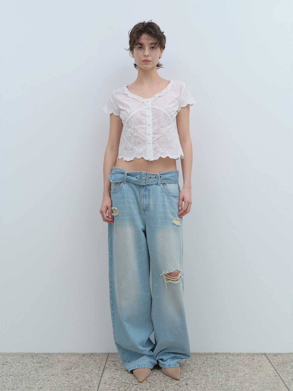 Belted Damage Wide Jeans Washed Blue