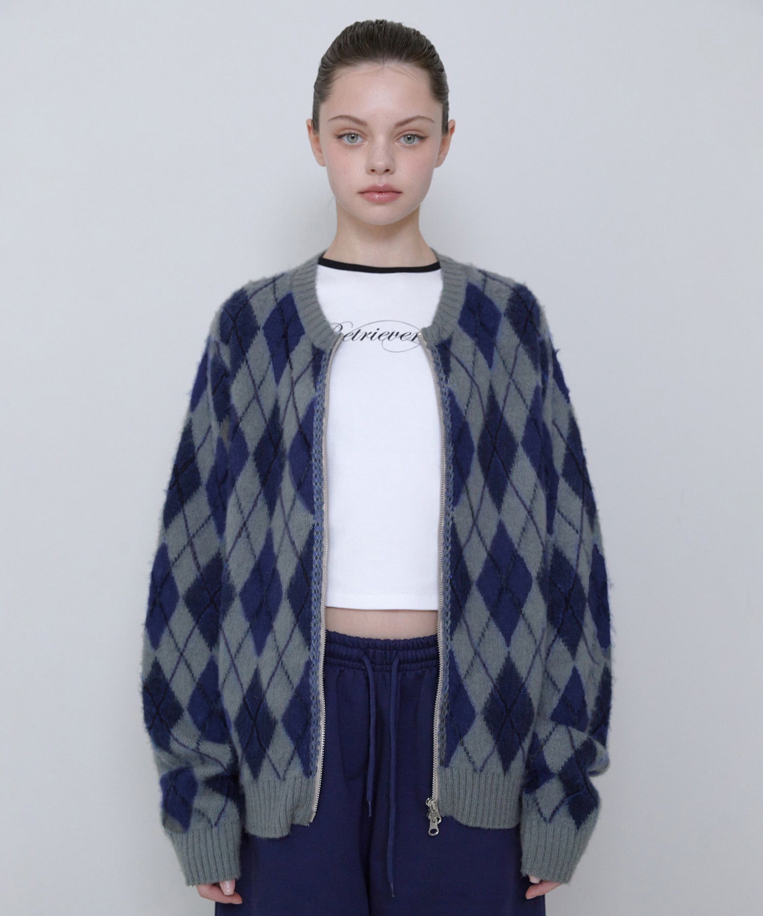 ARGYLE KNIT ZIP UP GRAY