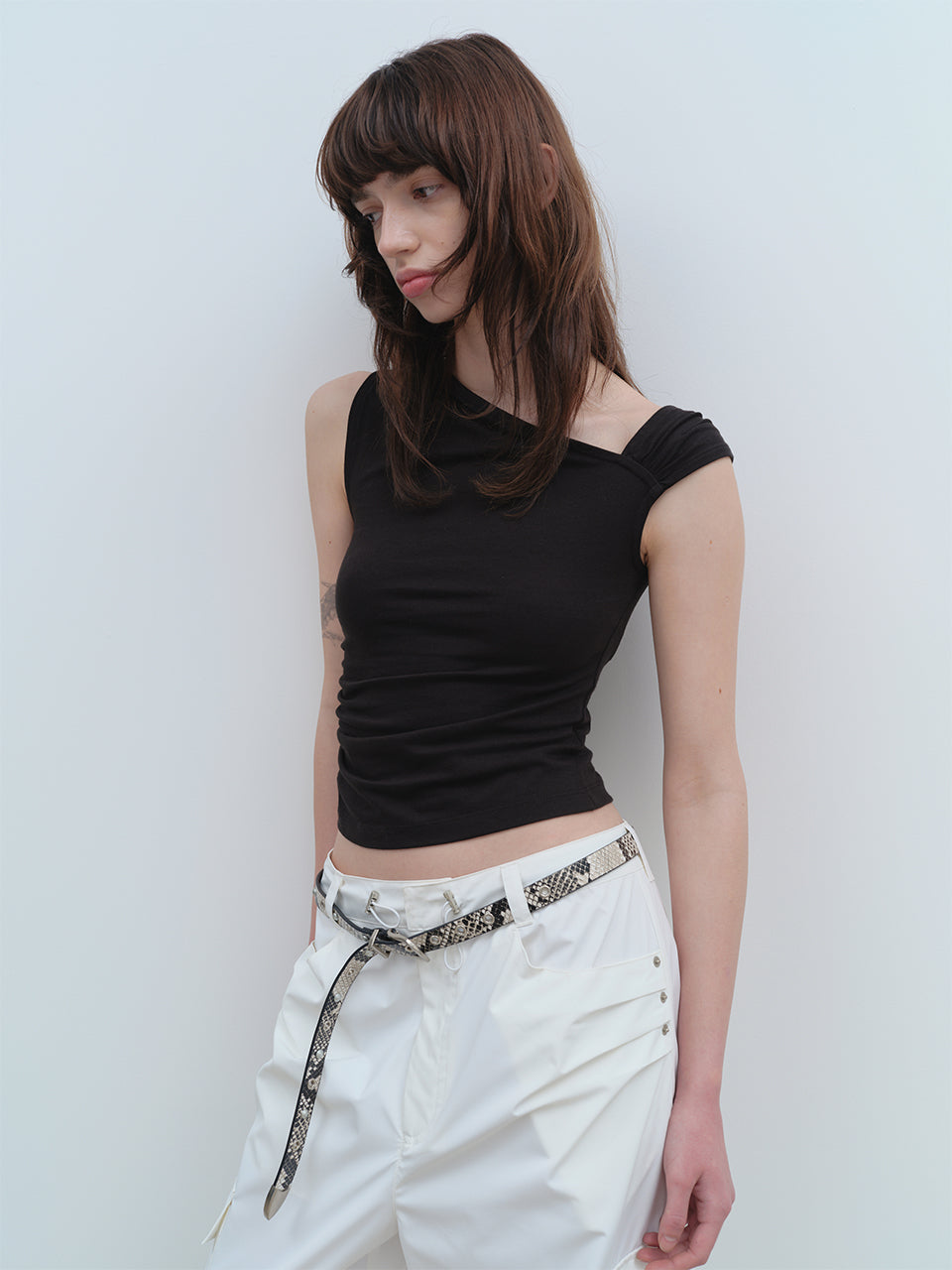 Asymmetric Shirring Top Black