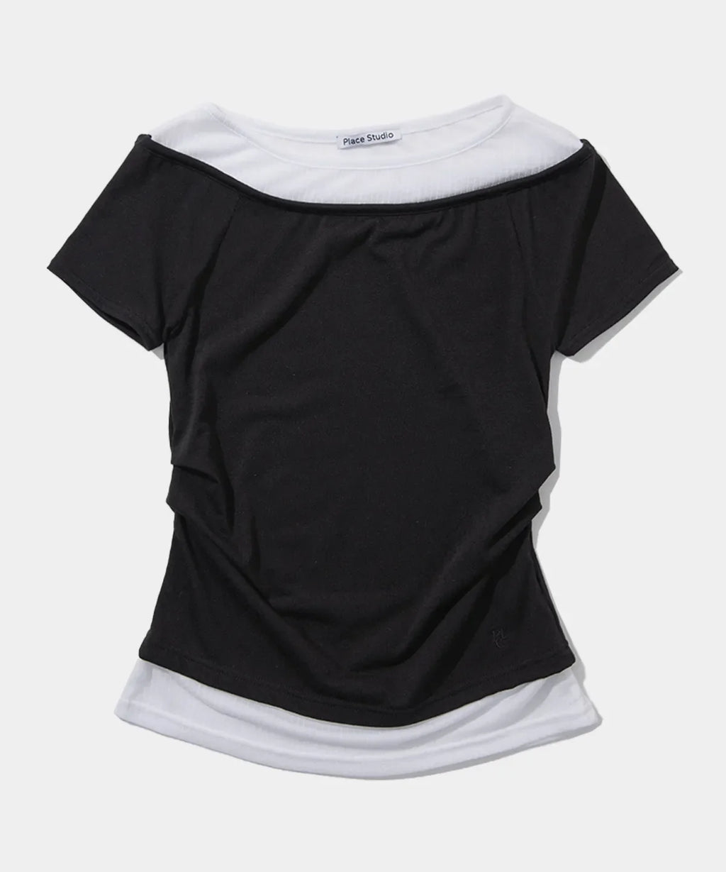See-through double layered pin tuck slim fit short sleeve t-shirt