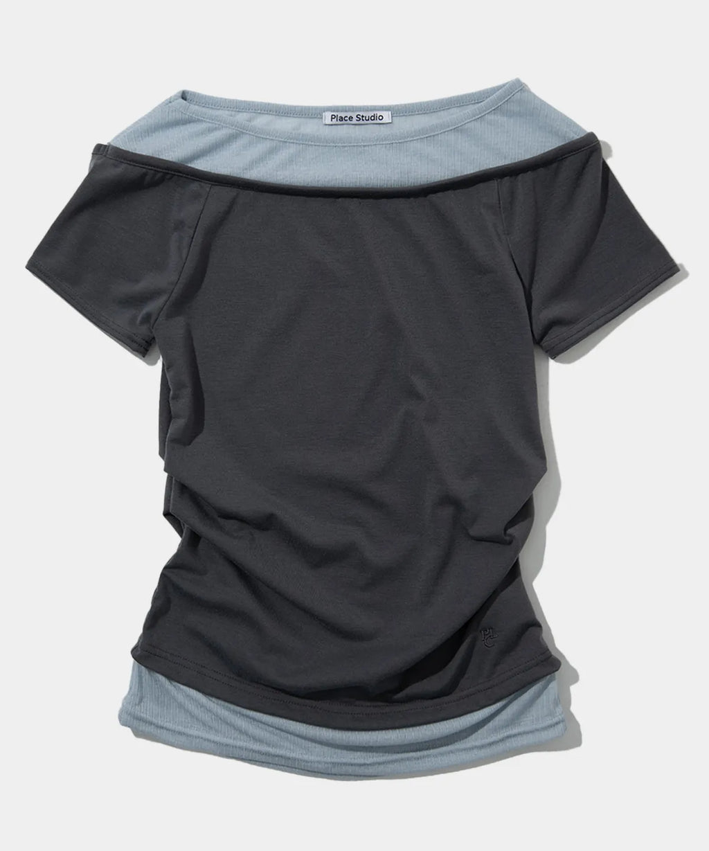 See-through double layered pin tuck slim fit short sleeve t-shirt