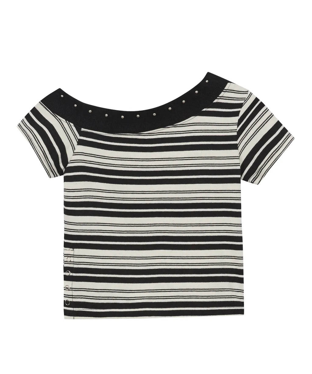 One shoulder studded striped Top / black