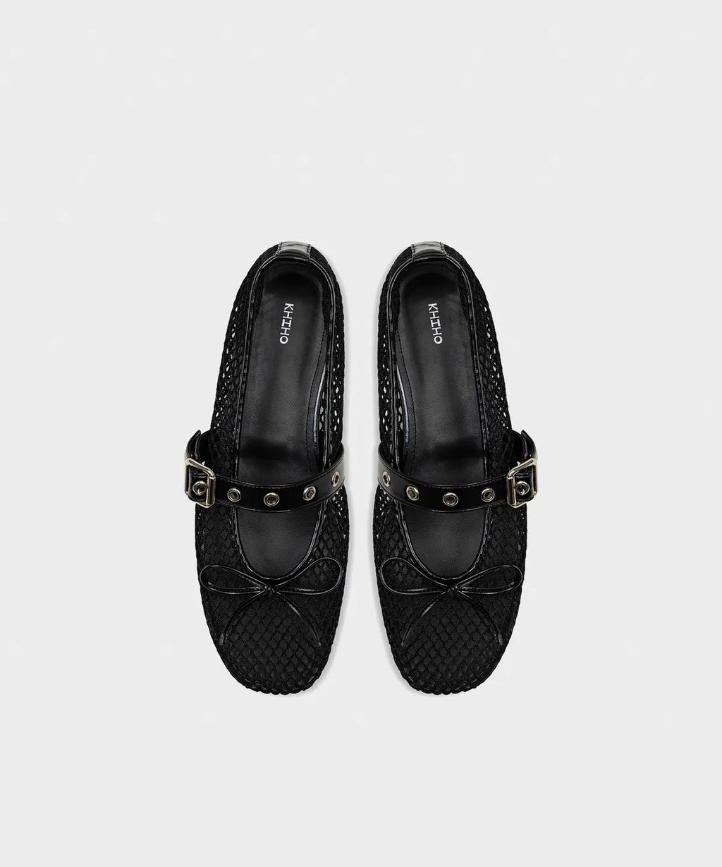 MESH BUCKLE STRAP BALLERINA FLAT / Black
