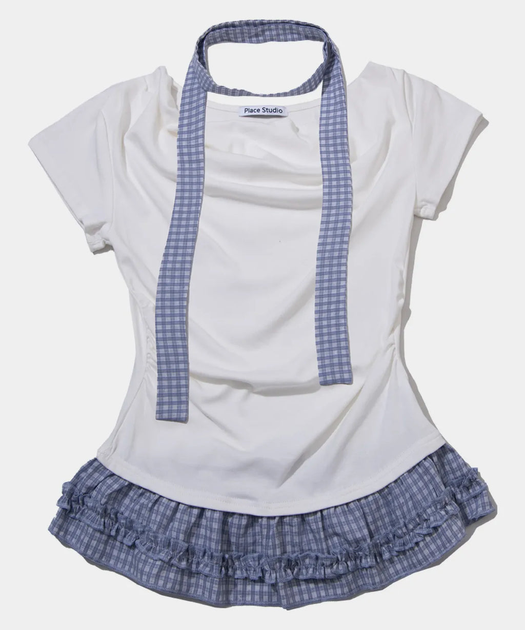 Check Tie & Pintuck Check Frill Off-Shoulder Sleeve