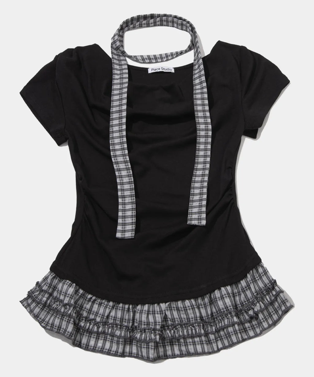 Check Tie & Pintuck Check Frill Off-Shoulder Sleeve