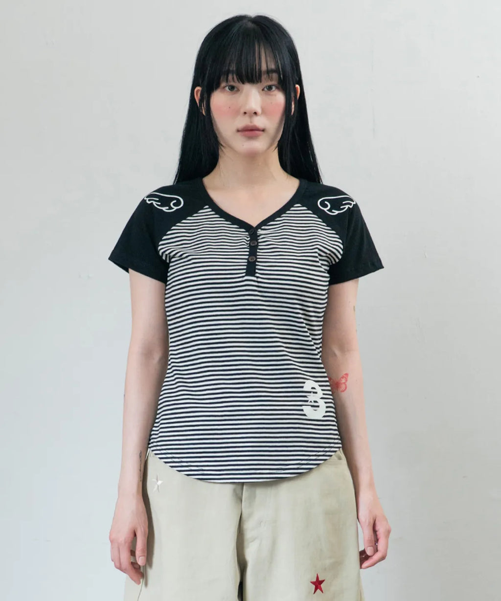 3 Button Angel Slim Fit T-Shirt Straight Black