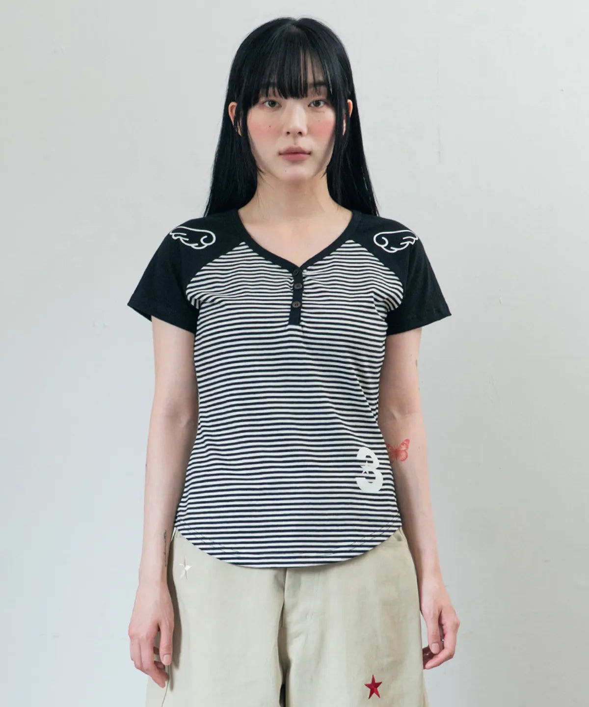 3 Button Angel Slim Fit T-Shirt Straight Black