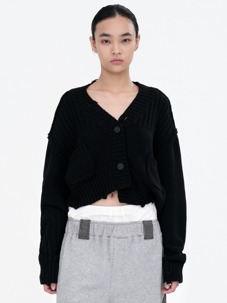 Mixed Cropped Loose Cardigan Black