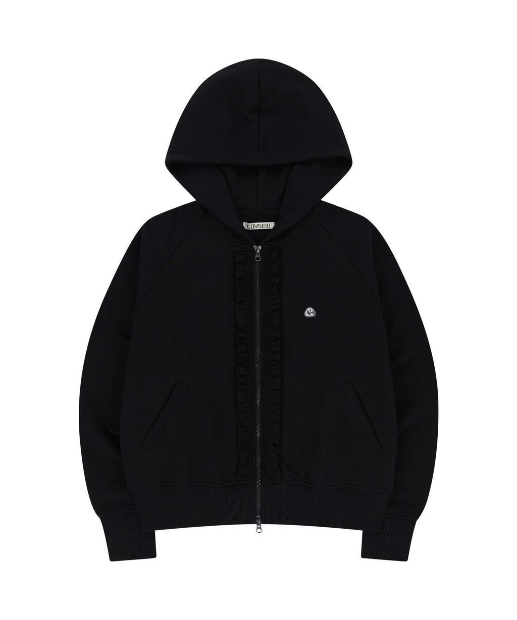 RUFFLE LACE HOOD ZIP-UP BLACK