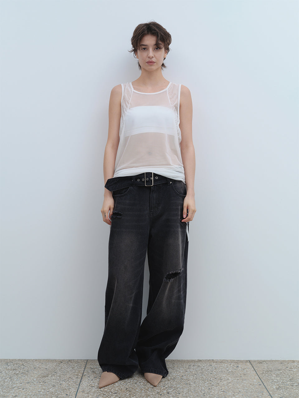 Belted Damage Wide Jeans Washed Black