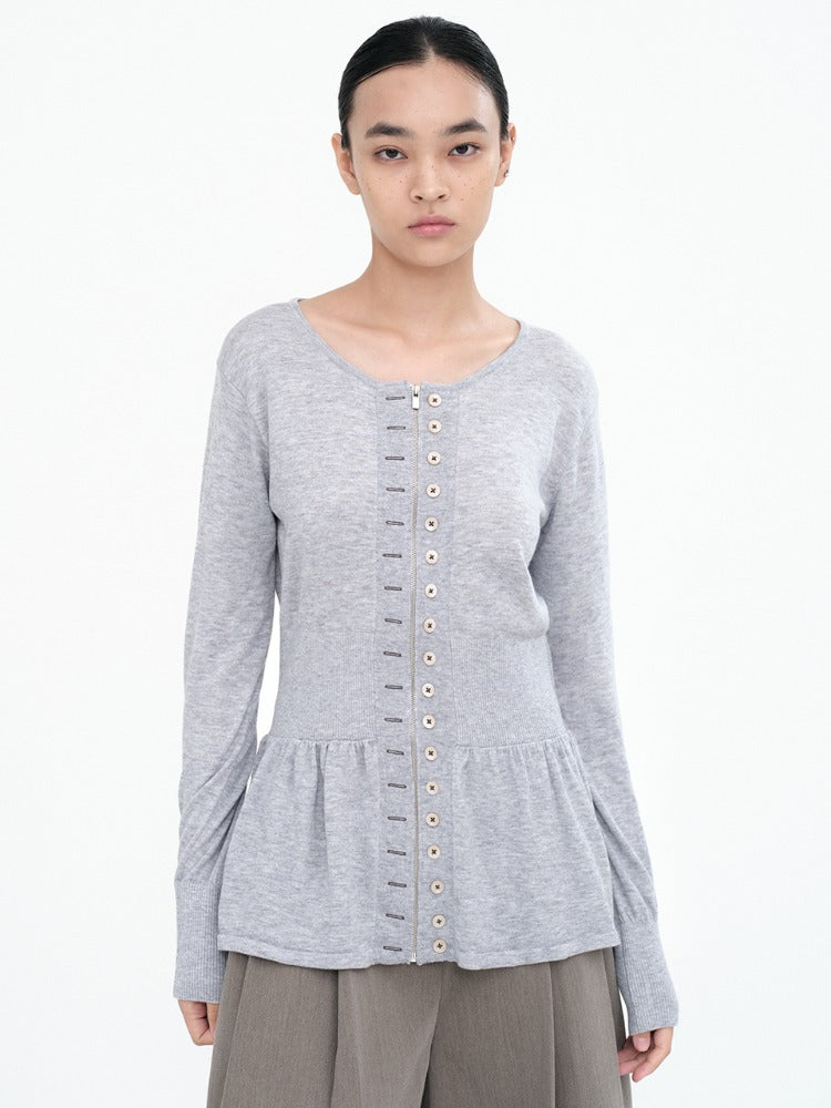 Fake Button Zip-Up Cardigan Gray