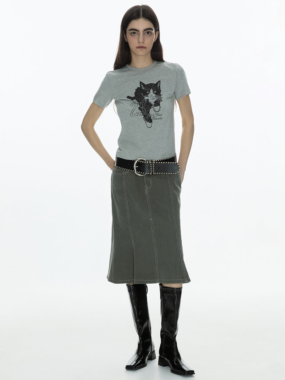 Vintage Denim Flare Skirt Washed Green