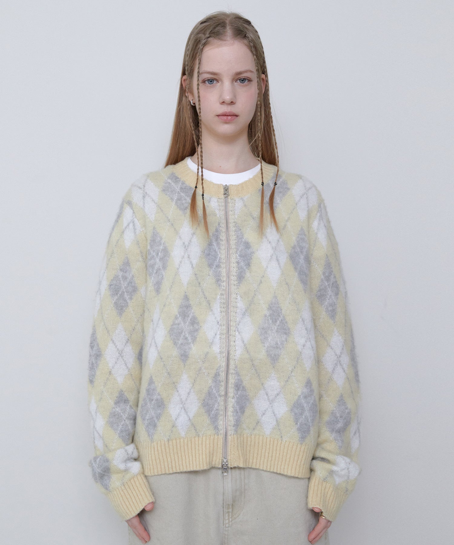 ARGYLE KNIT ZIP UP BEIGE