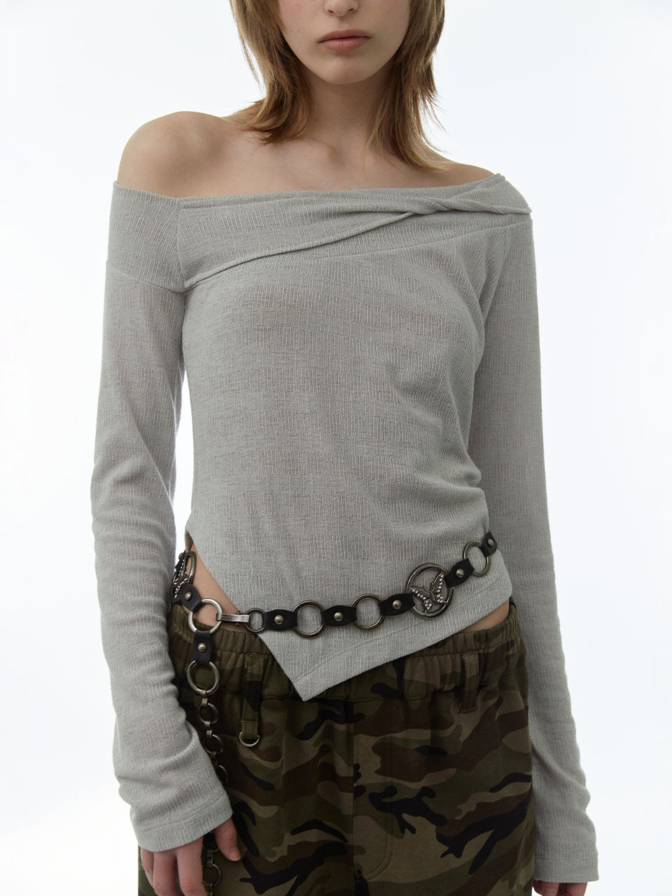 One Shoulder Twist T-Shirt Light Gray