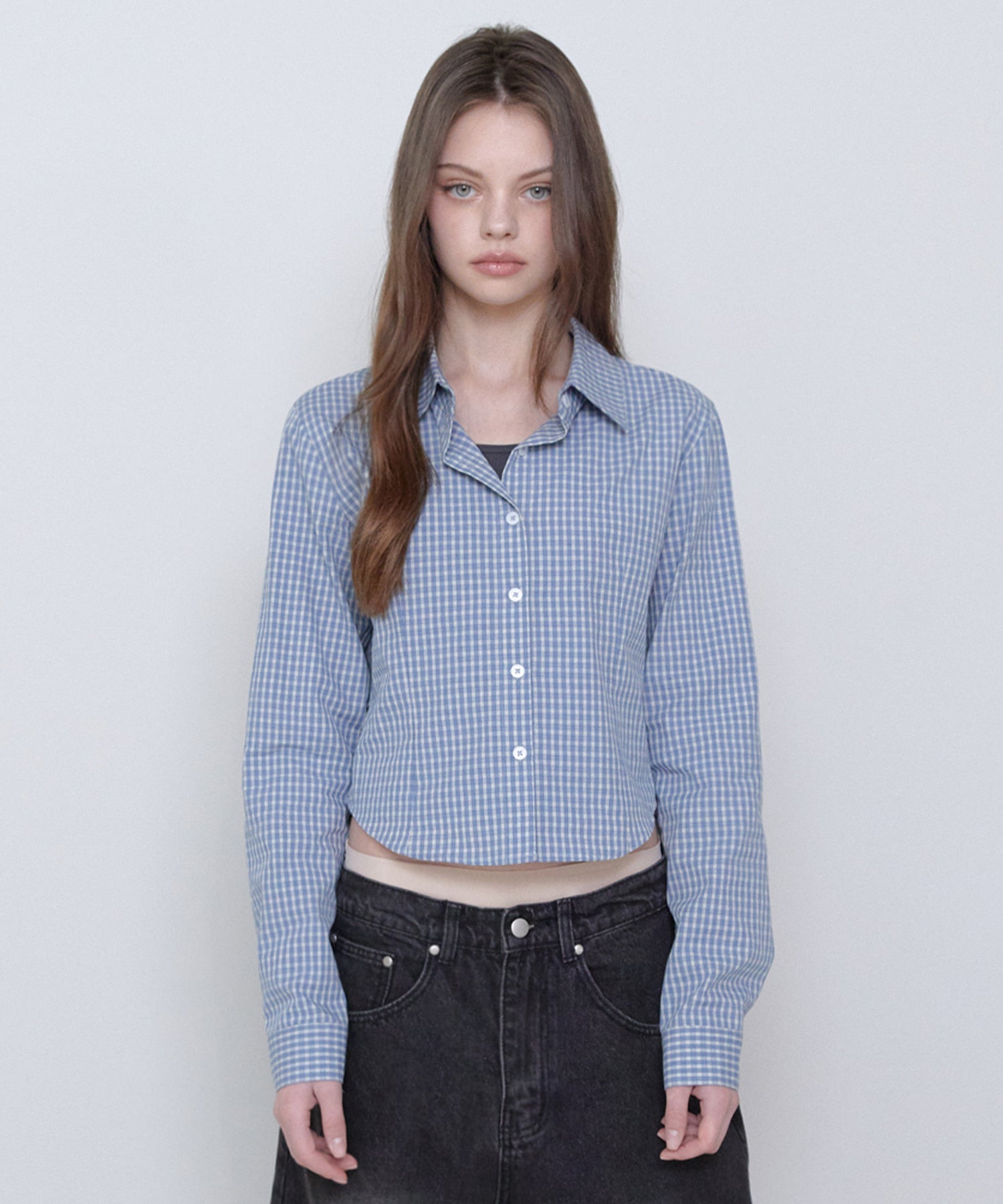 CHECK CROP SHIRTS SKY BLUE