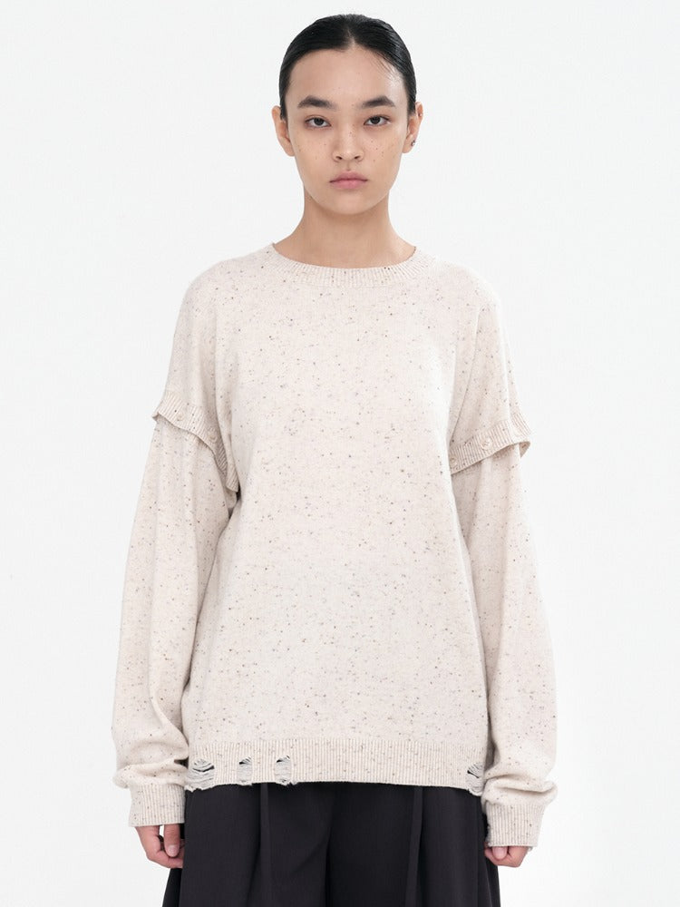 Button Damage Knit Top Ecru