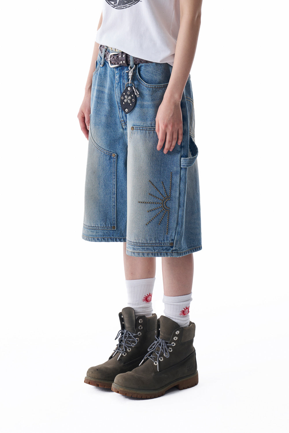 Washed Double Knee Bermuda Denim Pants (Blue)