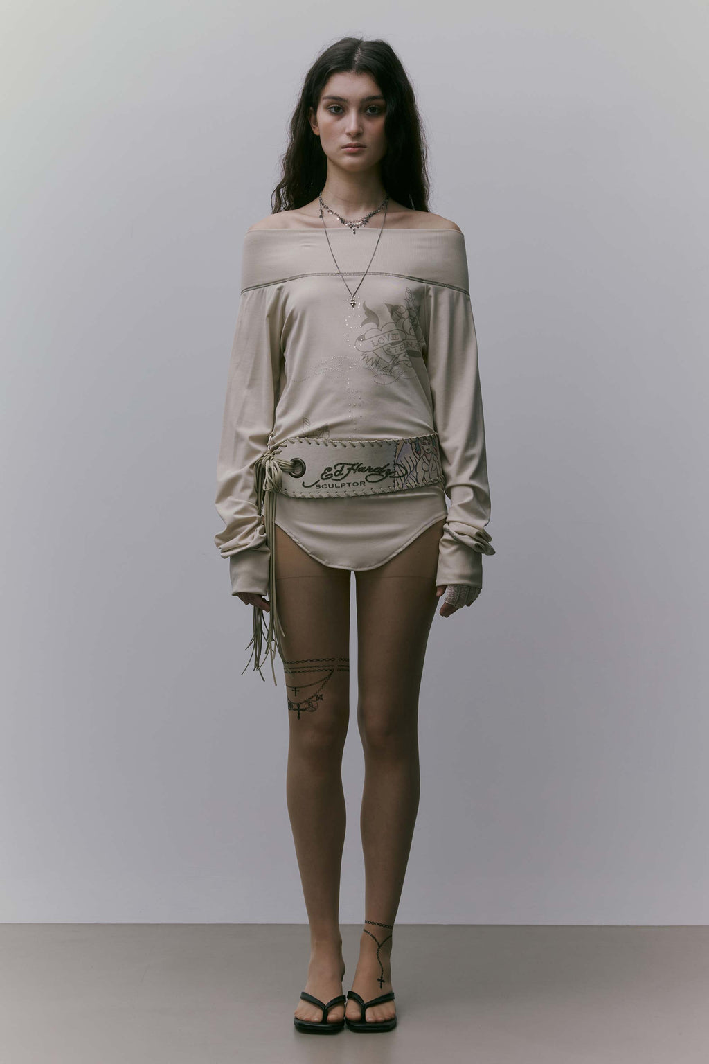 Sculptor X Ed Hardy Raglan Off-Shoulder Tee Raw