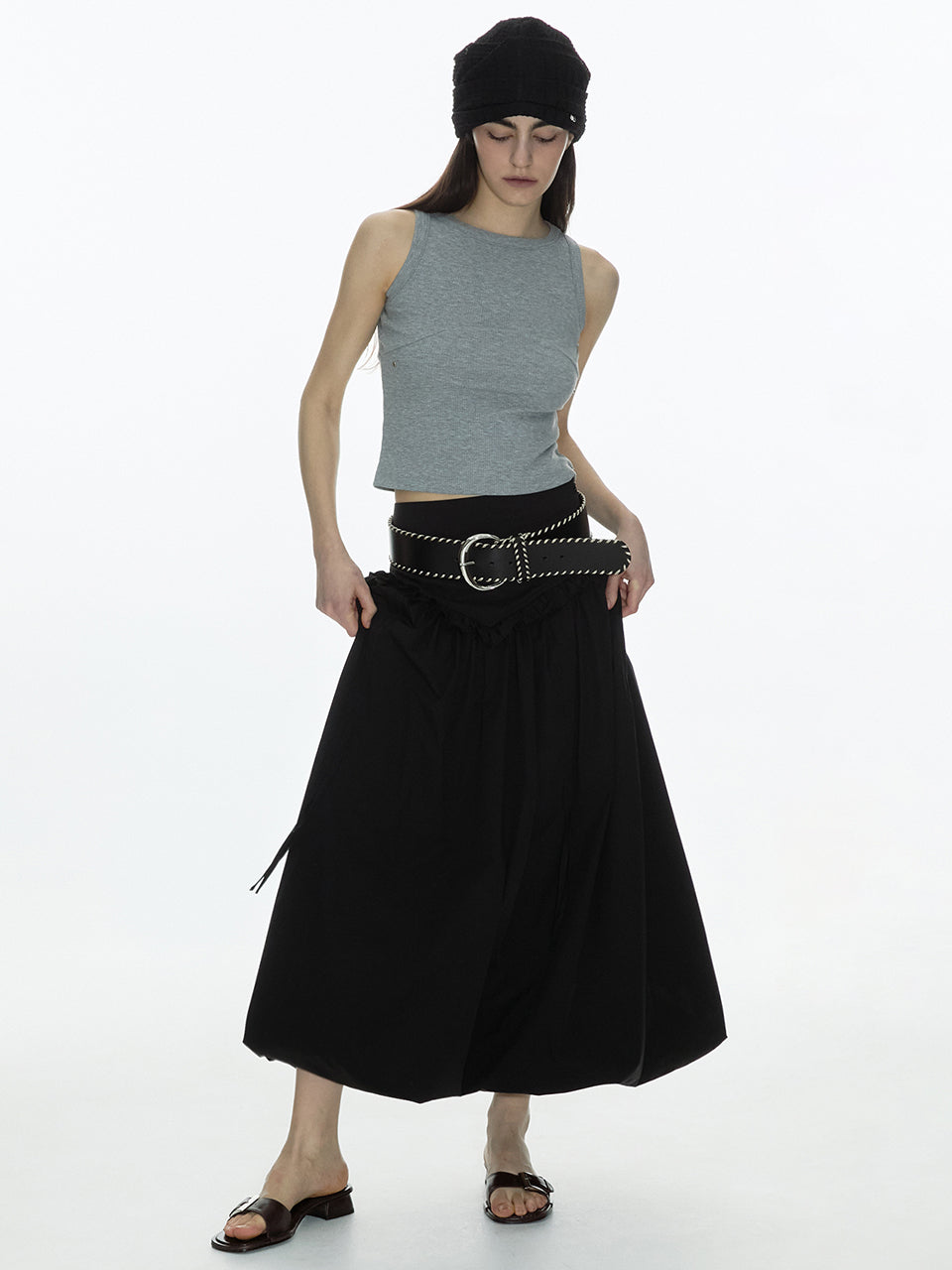 Balloon Shirring Maxi Skirt Black