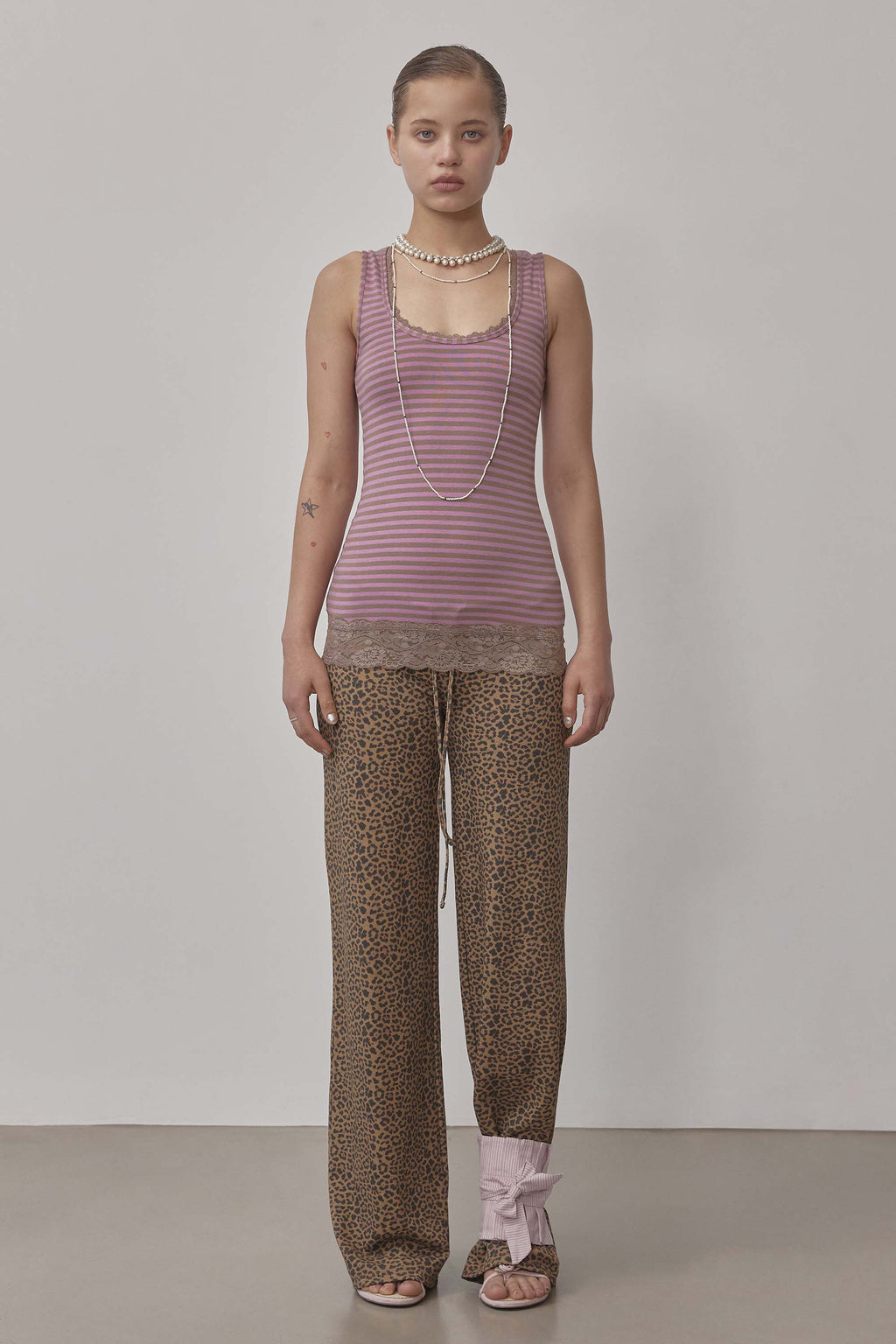 Lace Trimming Tank Top Pink/Brown