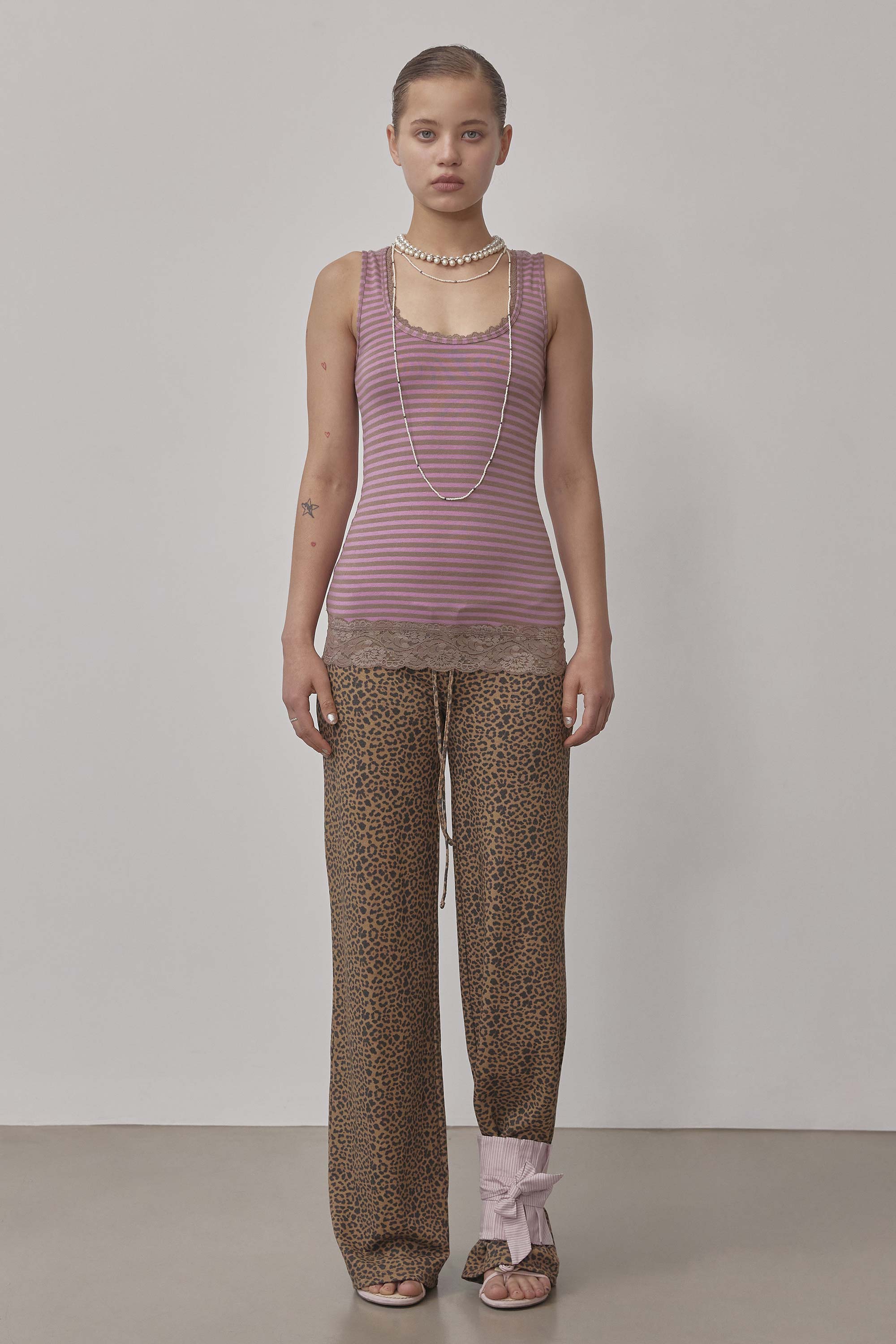 Lace Trimming Tank Top Pink/Brown