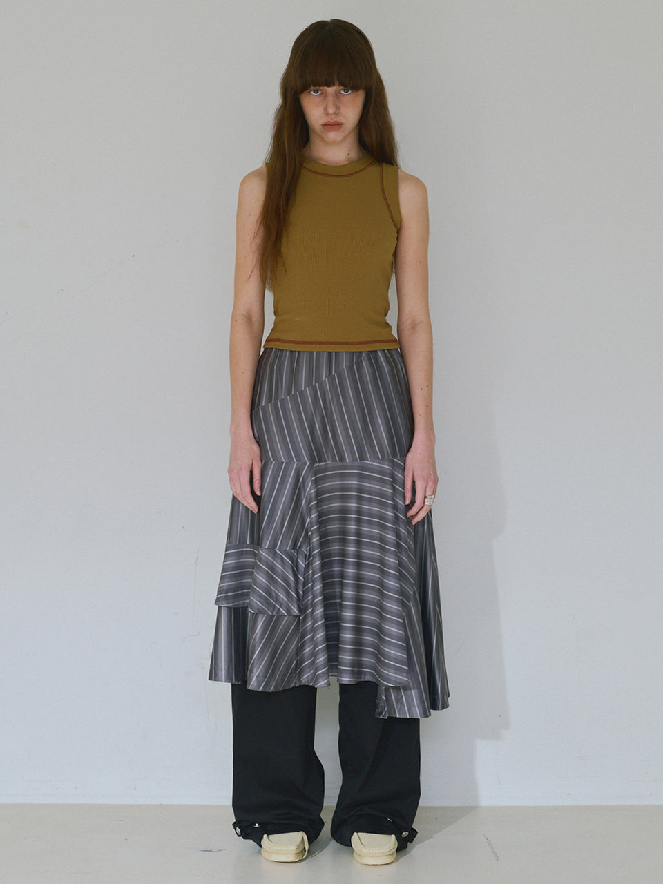Asymmetric Striped Midi Skirt Charcoal