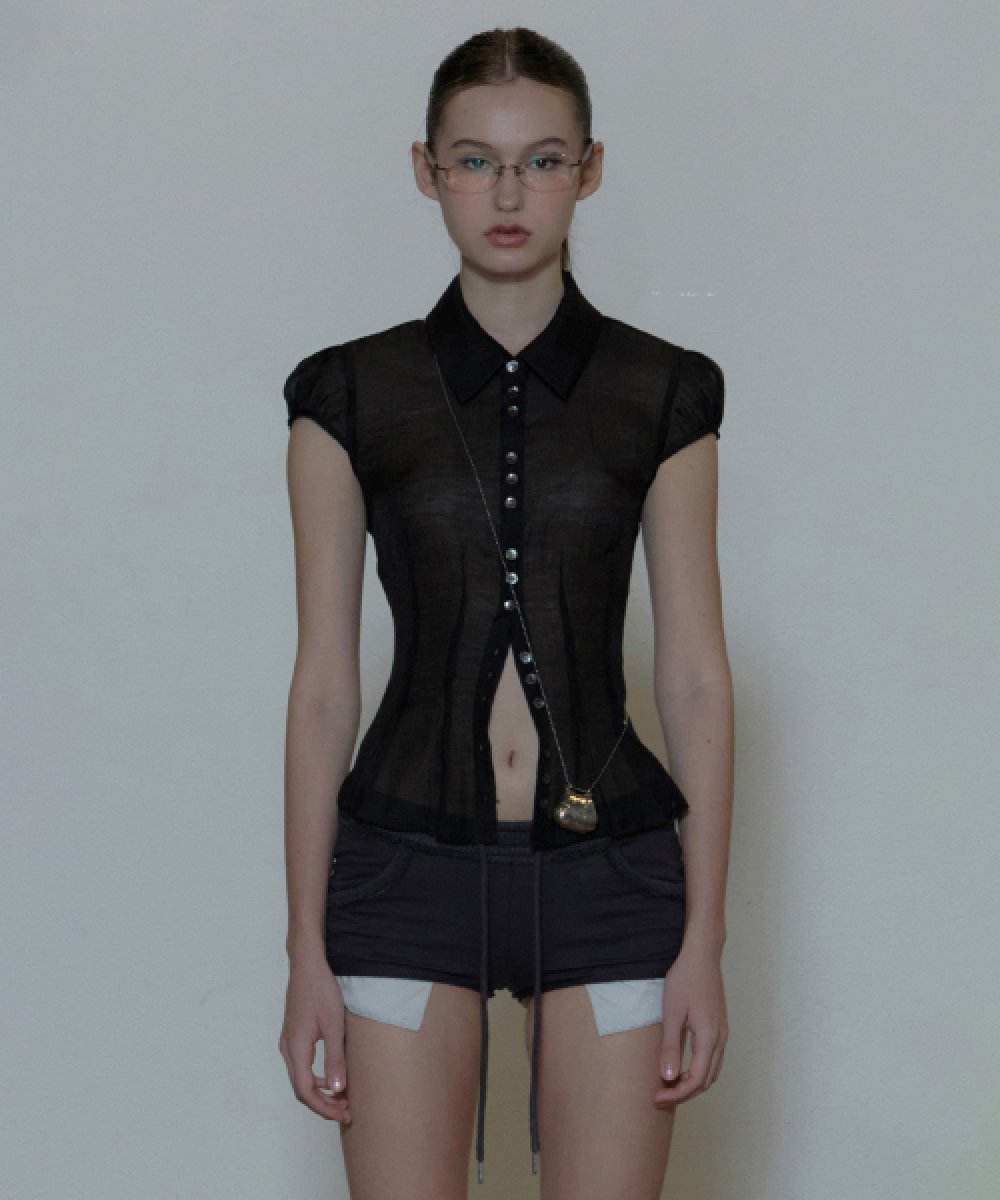 Sheer Pleated Hem Blouse - Black