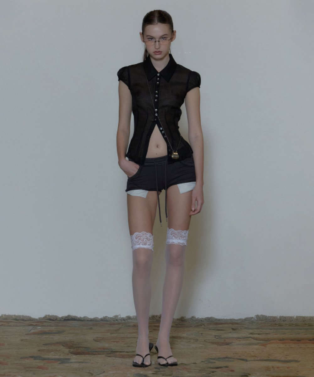 Sheer Pleated Hem Blouse - Black